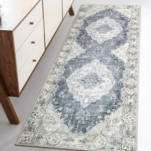 MUJOO Hallway Runner Rug Machine Washable Runner Rugs Non Slip Boho Blue Grey Runner Rug for Hallways Entryway Kitchen Bathroom Bedside Retro Soft Low-Pile 2'x6' Blossom