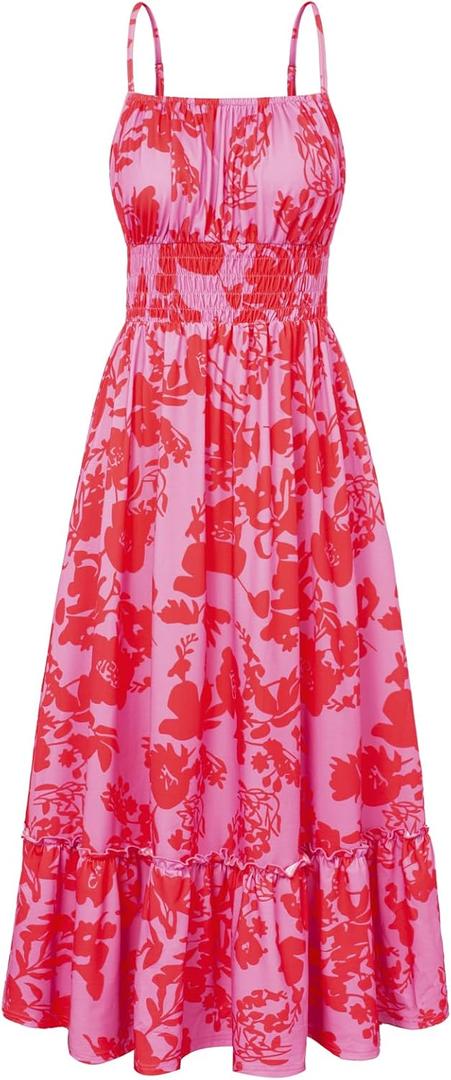 GRACE KARIN Summer Dresses for Women 2026 Vacation,Smocked Floral Maxi Dress,Boho Beach Sundress with Pocket Fashion Clothing, XXL