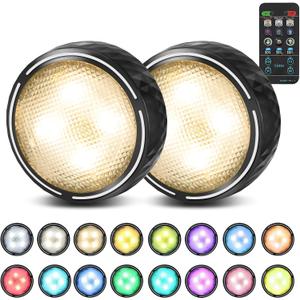 Onumii Battery Operated Under Cabinet Lighting with Remote, Wireless LED Puck Lights Color Changing with Timer, Stick On Closet Lights for Kitchen Cabinets Shelf Display - 2 Pack Black