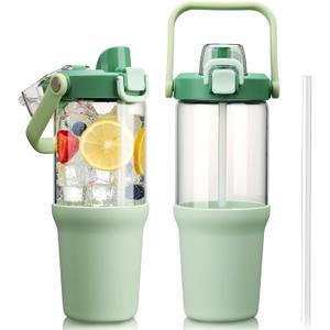 Glass Tumbler with Carry Handle, Clear Glass Water Bottle with Leakproof Lid, Spout Lid&Straw, BPA-Free, 32 oz, Light Green