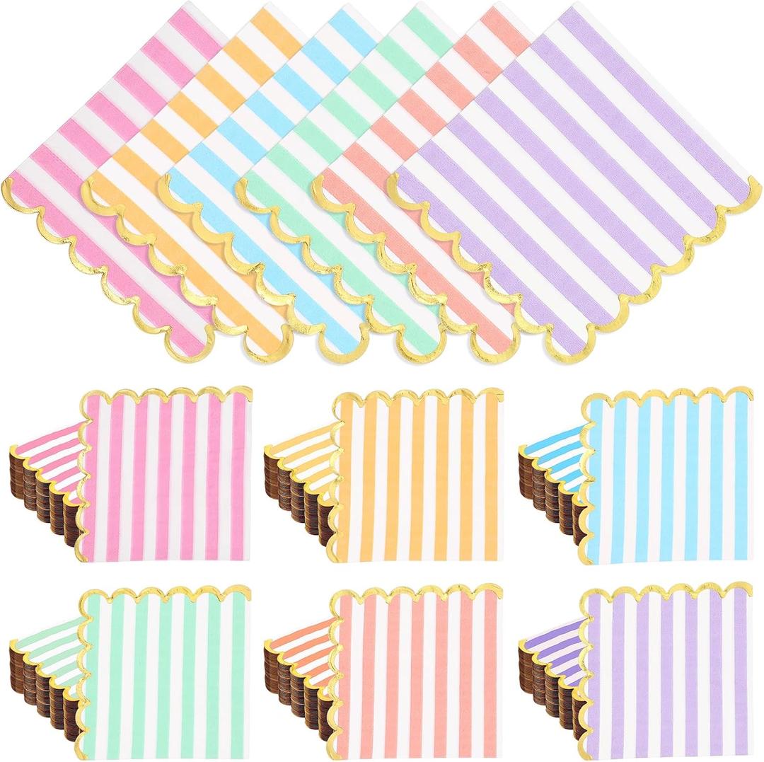 Layhit 150 Pack Pastel Napkins Scalloped Tea Party Napkins with Gold Foil Disposable Ice Cream Party Supplies for Dinner Birthday Wedding Cocktail Beverage Festival