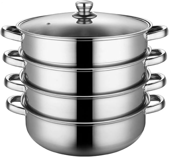 4 Piece Stainless Steel Steamer Pot Set with Glass Lid and handle,for Steamer Cooking,Casserole,Saucepan (4 layer)