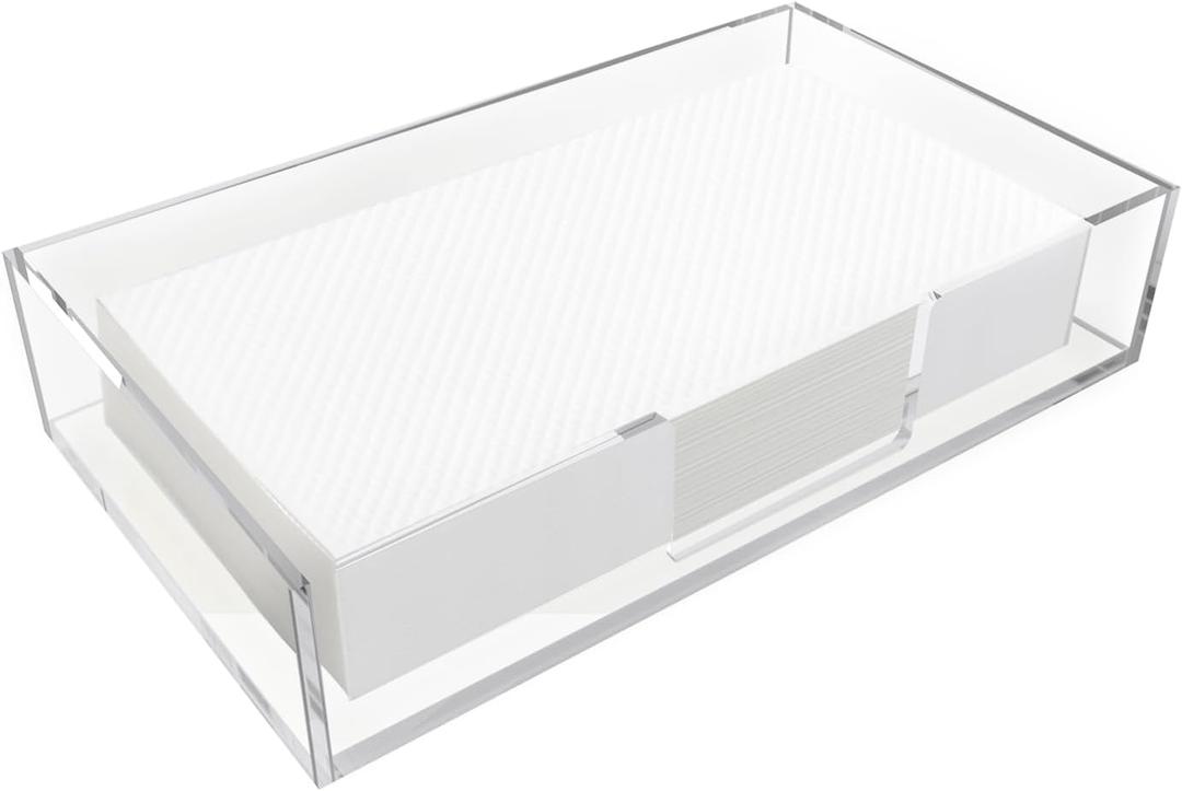 Acrylic Guest Towel Napkin Holder,Clear Bathroom Paper Hand Towels Storage Tray,Disposable Towel Holder for Bathroom,Kitchen,Parties,Weddings,Vertical Modern Napkin Dispenser for Home,Hotel,Office (9.5"D x 5.5"W x 2"H, Transparent)