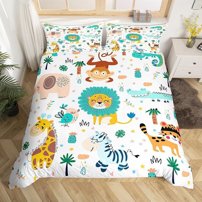 Cartoon Jungle Animals Bedding Set Twin Size Kids Safari Zoo Animals Duvet Covers Lion Tiger Monkey Giraffe Quilt Cover for Boys Girls Teens Child Toddler Comforter Cover for All Seasons