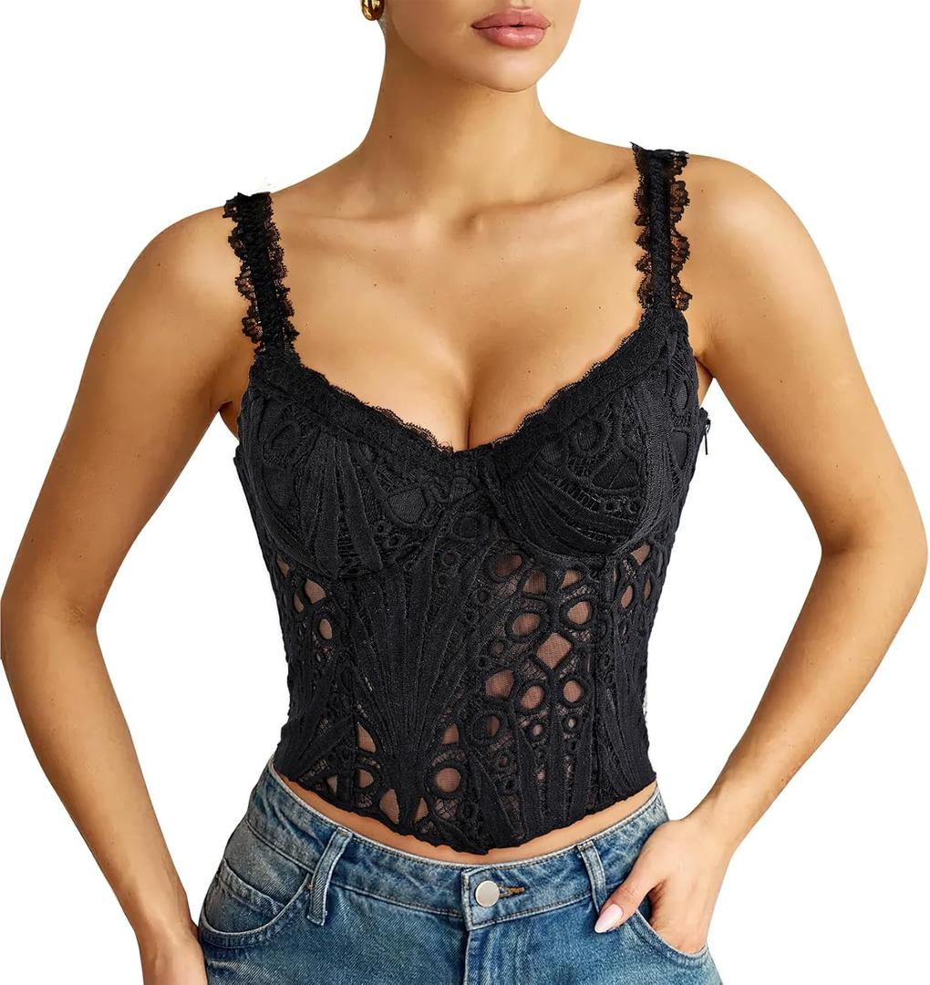 LEACOOLKEY Lace Corset Top for Women Sexy Sheer Floral Bustier Going Out Lace-up Bralette Club Party Concert Crop Top (Large, Black)