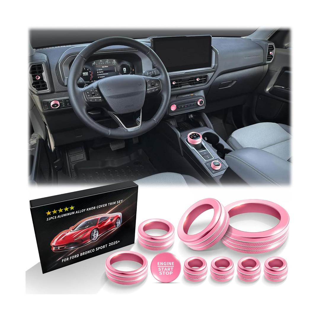 for 2025 Ford Bronco Sport Accessories (No fits Bronco), 9pcs Aluminum Alloy Knob Cover Trim Kit - Push Start, Air Vents, Volume, Headlight, Gear Shift & Mode Switch (Pink)