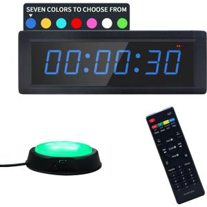Gym Timer Clock with Remote Control & Push Button,7 RGB Color, Programmable Interval Timer, Countdown/Up Stopwatch,Wall Clock for Home Gym Garage,Portable Training Accessories(Plug-in)