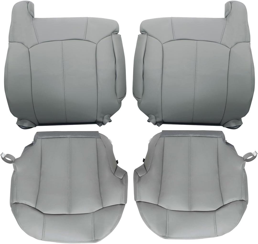 SecosAutoparts Driver and Passenger Bottom and Top Lean Back Replacement Leather Seat Cover Gray Compatible with Chevy Silverado Tahoe Sierra Suburban Avalanche 1999 2000 2001 2002