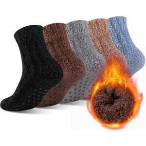 COOVAN Mens Fuzzy Socks Soft Cozy Slipper Fluffy Winter Warm Fleece Socks for Men Plush Sleeping 5 Pairs (Pattern3)