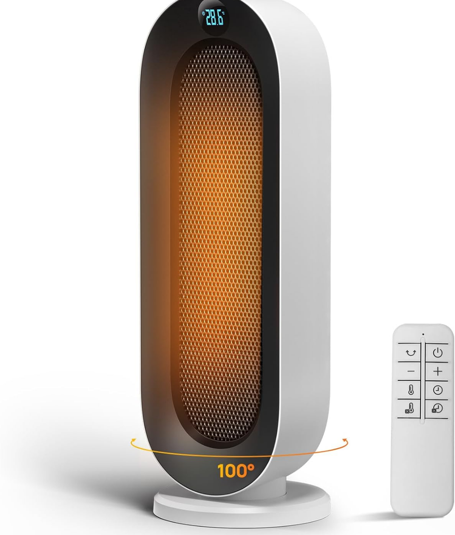 Space Heater for Indoor Use, 1500W Electric Heaters with 100° Oscillation, 1-12H Timer, Remote, Tower Heater Quick 2s PTC Ceramic Heating, Safety Heater for Office, Bedroom, Large Room (White)