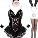 FCCAM Bunny Costume Adult Womens Bunny Girl Costume One Piece Bodysuit Halloween Cosplay (XX-Large, Black)