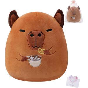 Capybara Plush Coffee Lover's Gift - Capybara Stuffed Animal Pillow for Kids, Mother's Father's Gift with Free Mesh Bag Greeting Card