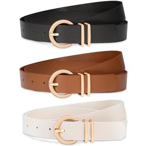 Huyfhksd 3 Pack Women Leather Belt for Jeans Pants Dresses Fashion Ladies Waist Belts with Gold Buckle. L