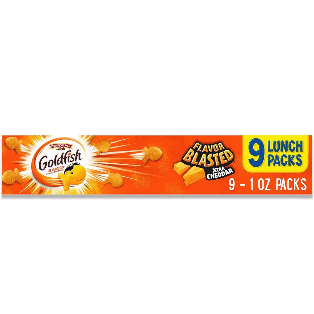 Goldfish Flavor Blasted Xtra Cheddar Cheese Crackers, Baked Snack Crackers, 0.9 oz On-the-Go Snack Packs, 9 Count Tray (08/03/2025)