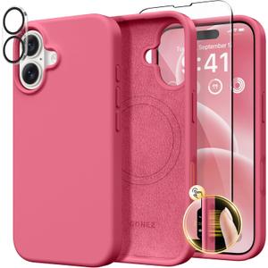 GONEZ Magnetic for iPhone 16 Case, Compatible with MagSafe, [Screen Protector + Camera Lens Protector], Liquid Silicone Shockproof Protective Phone Case for iPhone 16 6.1", Rosy Blush