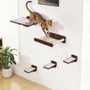 Space-Saving Cat Wall Shelves Interactive Cat Wall Climber with Hammock & Dog Proof Feeding Station for Small & Medium Indoor Breeds Solid Walnut Wood with Beige Carpet