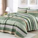 Dobuyly Green Quilt King Size Set, Boho Bedspread King Size, Striped Bedding Sets 3 Pieces, Lightweight Soft Coverlet Bed Sets with 2 Pillow Shams 110"x90"