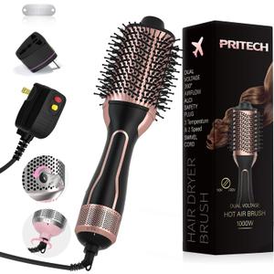 PRITECH 1000W Dual Voltage Ceramic Ionic Hair Dryer Brush,4-in-1 Hot Air Styler & One Step Volumizer for Straight & Curly Hair Salon (110-120V/220-240V),Black