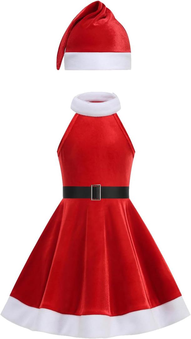 Christmas Girl Costume Red Velvet Sleeveless Dress Family Gathering Party Dress with Hooded Belt (Red)