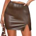 Amy Babe Faux Leather Mini Skirt Zip Back Side Slit PU High Waisted Y2k Slim Fitted Black Bodycon Short Skirts for Women (Brown, XL)