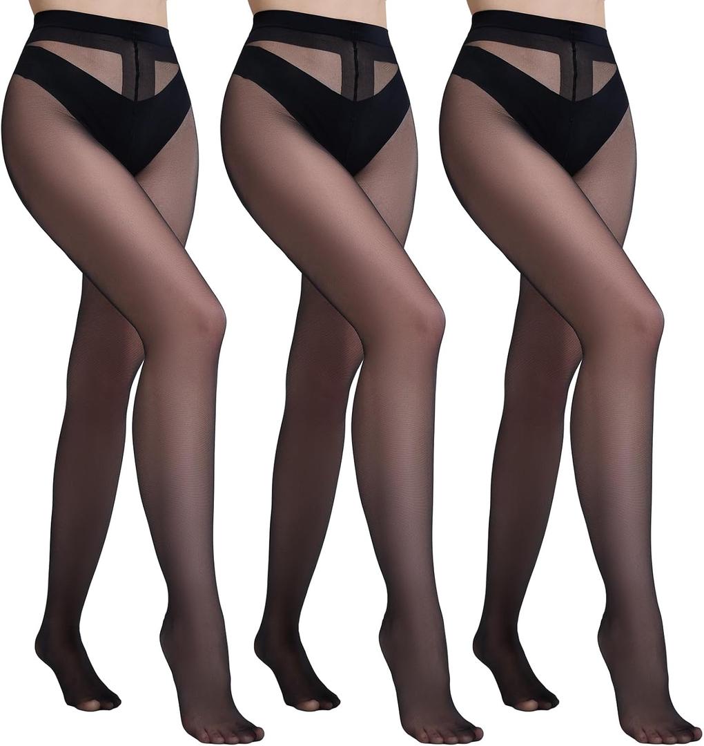 Yilanmy 3 Pairs Sheer Tights for Women Ultra Thin T-Crotch Pantyhose High Waist Stockings 20D (Large-X-Large, Black)