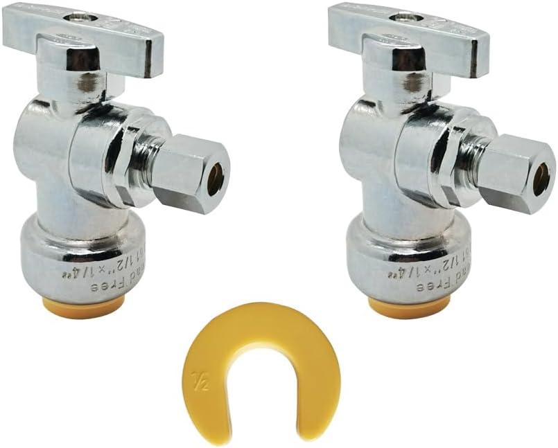 HQMPC Angle Stop Valve, 1/2" Ptc x 1/4" No Lead Compression Push Fit Angle Shut Off Water Valve with Disconnect Clip, Push-to-Connect, PEX, Copper, CPVC 2Pcs