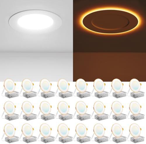 Amico 24 Pack 4 Inch 5CCT LED Recessed Ceiling Light with Night Light, 2700K/3000K/3500K/4000K/5000K Selectable Ultra-Thin Recessed Lighting, 10W=90W, 700LM, Dimmable Canless Wafer Downlight ETL&FCC