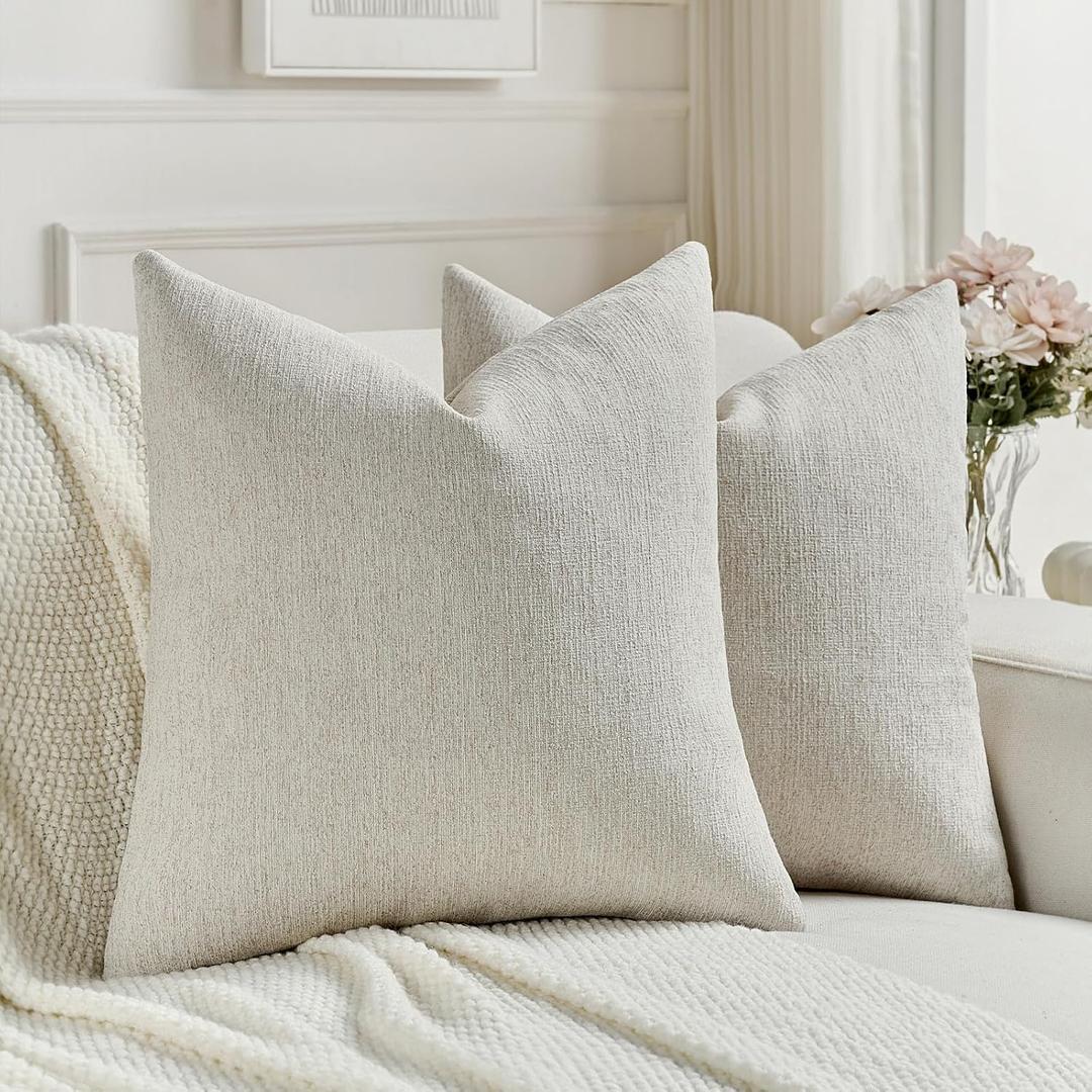 FUTEI Pack of 2 Chenille Decorative Throw Pillow Covers 20x20 Inch,Soft Cozy Faux Linen Textured Cushion Case,Farmhouse Home Decor for Couch Living Room,Natural Wood