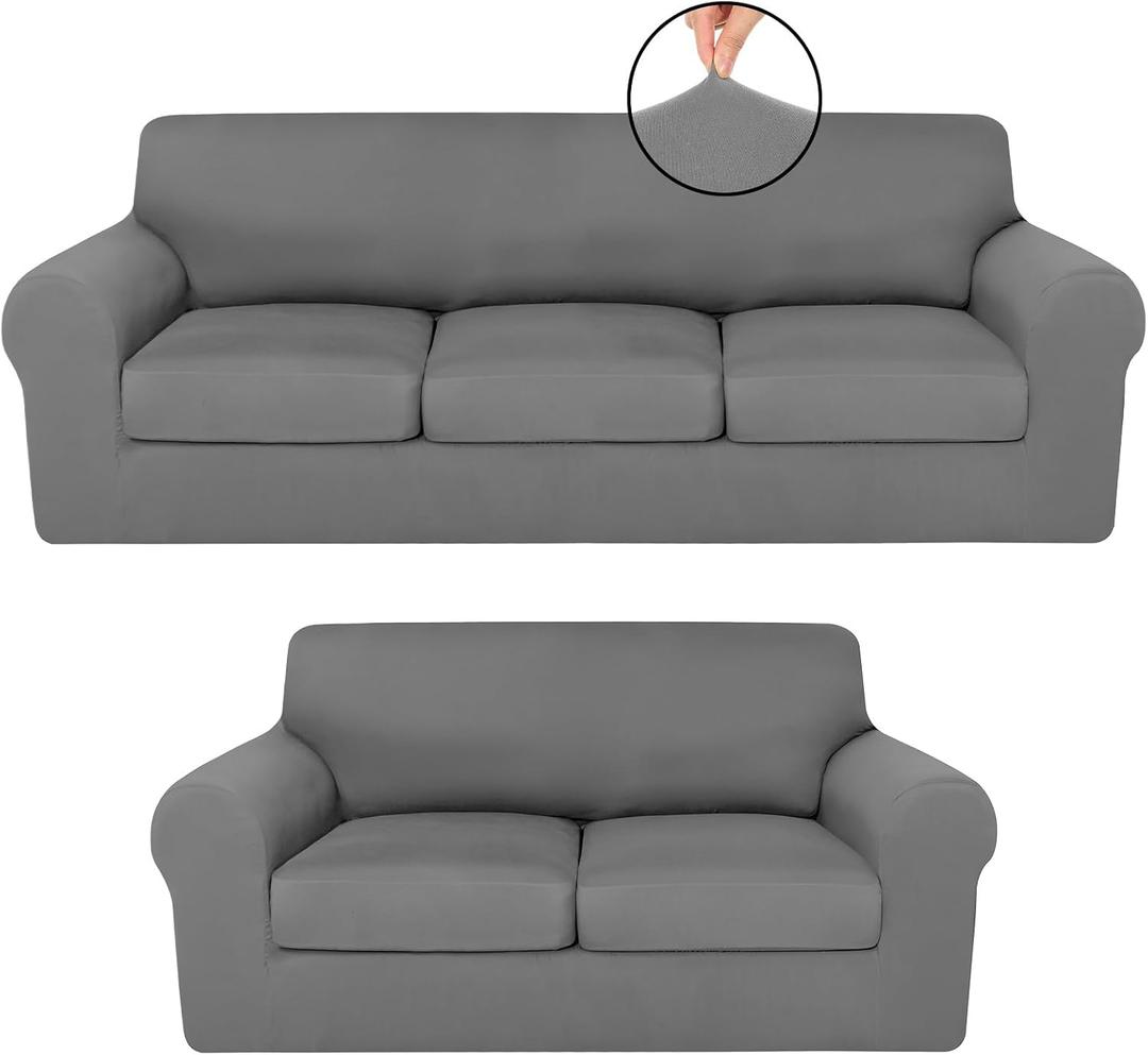 HunnmingRe Sofa Covers for 3 Cushion Couch Stretch Sofa and Loveseat Covers Set 2 Cushion Couch Cover Set Seat Slipcovers Furniture Protector for Living Room(5 Seats,Light Grey)
