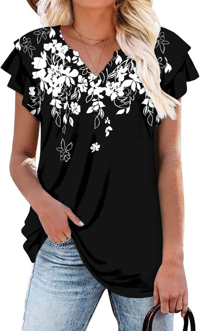BETTE BOUTIK Womens Short Sleeve Tunics V Neck Button Down Shirts Blouse Tops Pullover (Large, 2-whiteoutline)