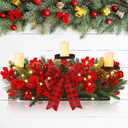 Christmas Centerpiece with 3 Candle Holders 3 LED Candles 1 String Lights Xmas Triple Candelabrum Poinsettia Red Buffalo Plaid Bow Berry Pine Cones with 3 Candle Holders for Tables Home Decorations (Trendy Style)
