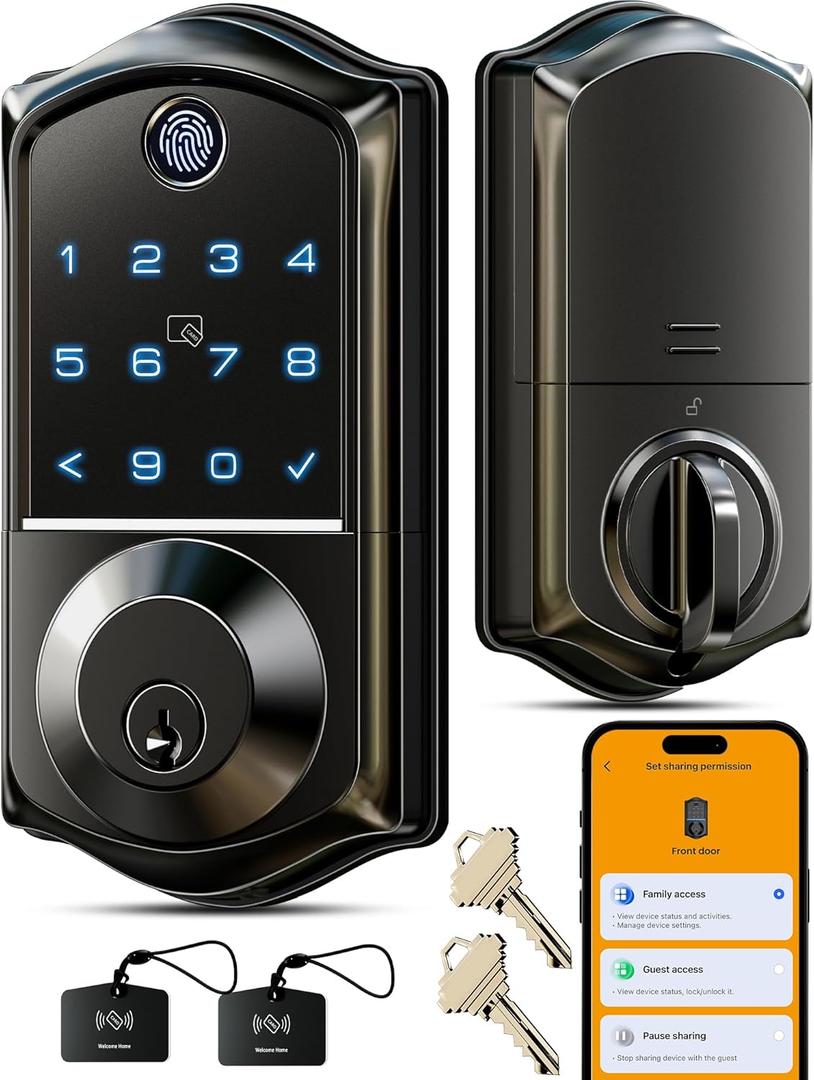 Veise VE017 Fingerprint Smart Door Lock, App Control, 8-in-1 Keyless Entry, Auto Lock, Emergency Power Port, Electronic Touchscreen Keypad, Biometric Smart Locks for Front Door, Matte Black