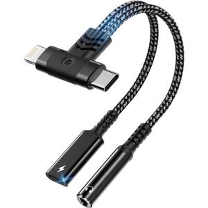 2 in 1 Lightning+USB C to 3.5mm Headphone Jack and Charger Adapter for iPhone, PD 60W Hi-Res 32Bit/384KHz Aux Audio Headphone Splitter Cable Adapter for iPhone 16 15 14 13 12 11 XR/iPad/iPad/Samsung