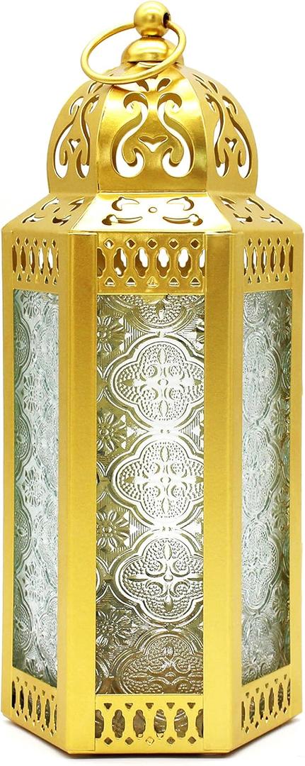 CVHOMEDECO. Decorative Candle Lantern Moroccan Lanterns Vintage Golden Metal Lantern Holder for Home Patio Outdoor Decor. Clear Glass, Medium