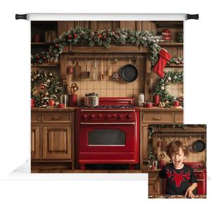 Kate Christmas Kitchen Backdrop for Photography Wood Kitchen Cabinet Backdrops Snow Garland Background Photo Props 8x8ft