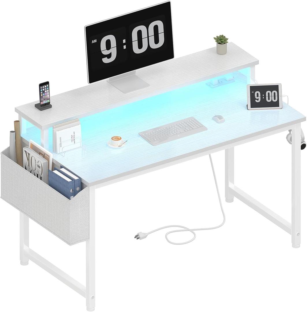 Lufeiya White Computer Desk with LED Lights and Power Outlets, 40 Inch Home Office Desks with Monitor Stand, Teen Writing Study Table Gaming Desk with Charging Station, White, 39.4"