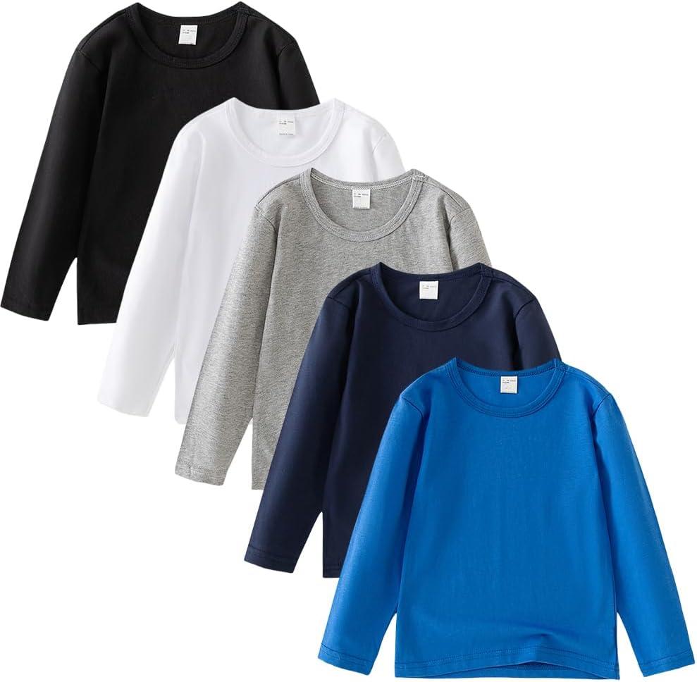 5 Pack Cotton Long Sleeve Tee Shirts for Boys Kids Toddlers' Basic Crewneck Tops T-Shirts (Size 5-6 Years Old)