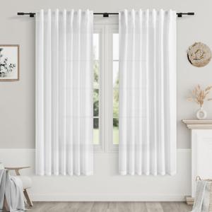 Nanspring White Linen Curtains for Living Room 2 Panels Set Neutral Modern Farmhouse Window Curtain for Bedroom 66 Inch Length Semi Sheer Light Filtering Privacy Back Tab Rod Pocket Drapes 52x66