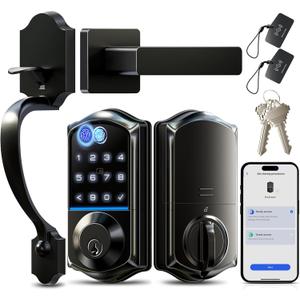 Veise VE017-H Fingerprint Smart Front Door Lock Set, App Control, 8-in-1 Keyless Entry Deadbolt with Zinc Alloy Handles, Emergency Power Port, Touchscreen Keypad, Auto Lock, Easy Install, Matte Black