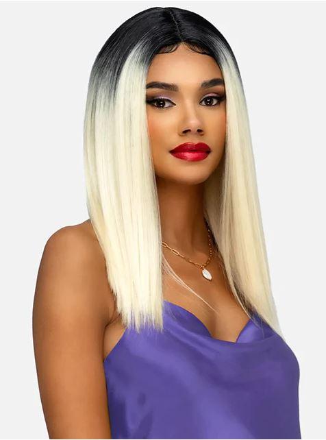 Vivica A. Fox HALSTIN, SYNTHETIC HAIR, Natural Baby Lace Wig, Color HTT4/BG, Highlight Two Tone Color. Medium Dark Brown(#4) Top and Burgundy Bottom & Front Highlight