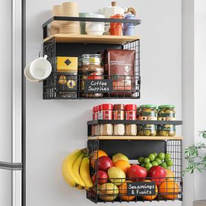 [WIDER SHELF] 2 SET Strong Magnetic Shelf Basket for Fridge with Tag & Bamboo Top, XXL Large Magnetic Spice Rack Shelves for Side of Refrigerator, Kitchen Pantry Storage Organizer for Food Fruit Veg