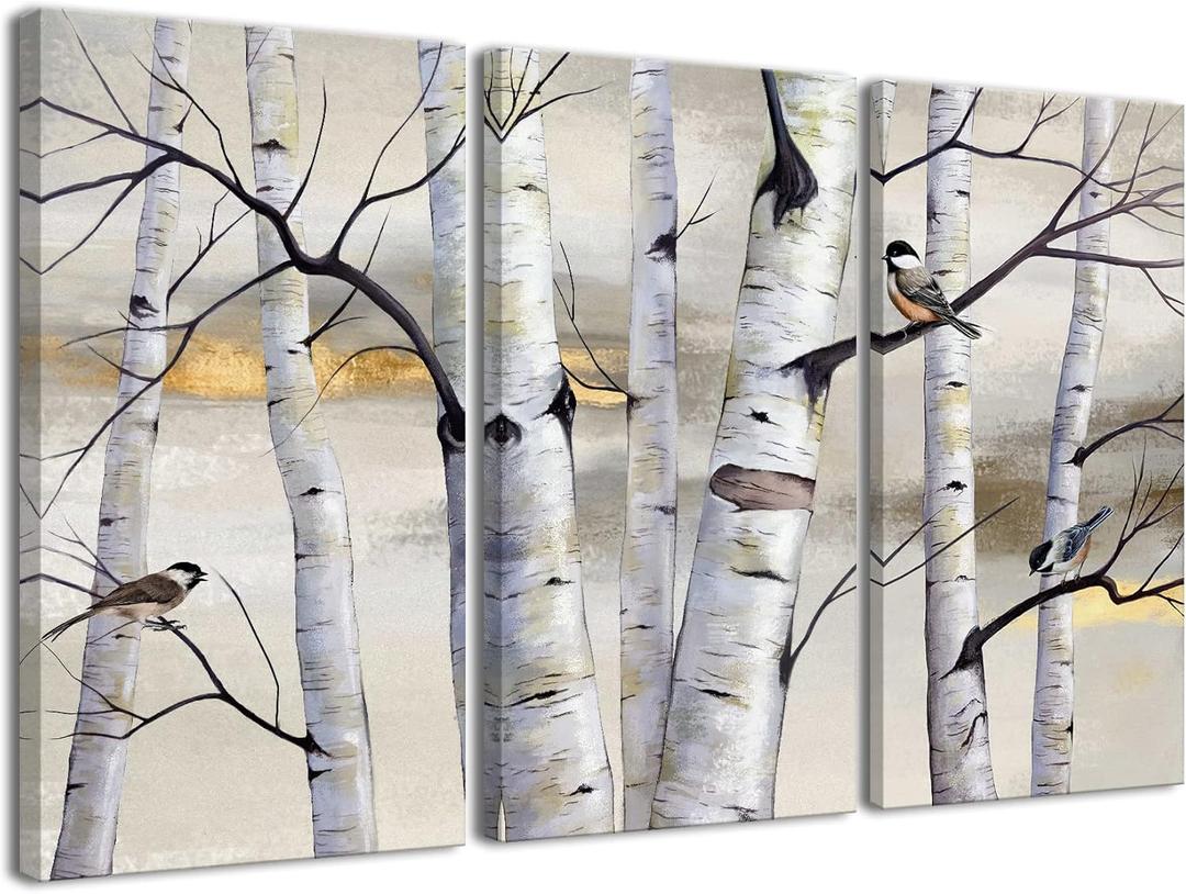 Wayrain Tree and Bird Wall Art,3 Piece Birch Tree Canvas Print Wall Art Nature Scenery Landscape Picture for Living Room Bedroom Wall Painting Decoration Graphic Fine Modern Artwork (K042)