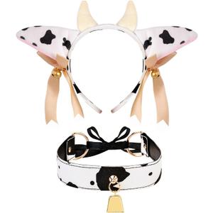 Cow Print Costume Set,Plush Headband with Horns and Bells, Matching Choker for Halloween Cosplay Party Accessories (Black White)