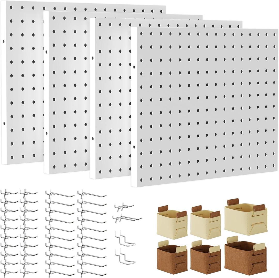 Peg Board, 4 Pack Metal Pegboard Panels White Pegboards Wall Organizer with 50 Pcs Hooks, Peg Board for Walls Home Tool Storage, Office Organization, Kitchen, Craft Room
