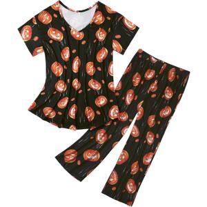 American Trends Womens Pajama Sets 2 Piece Sleep Shirt Short Sleeve Cartoon Print Pj Set Tops with Capri Pants Sleepwear (Small, Black Pumpkin)