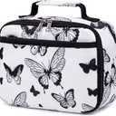 LEDAOU Lunch Bag Kids Insulated Lunch Box Girls Insulated Reusable Lunch Bag for School Picnic Hiking Work (Butterflies White)