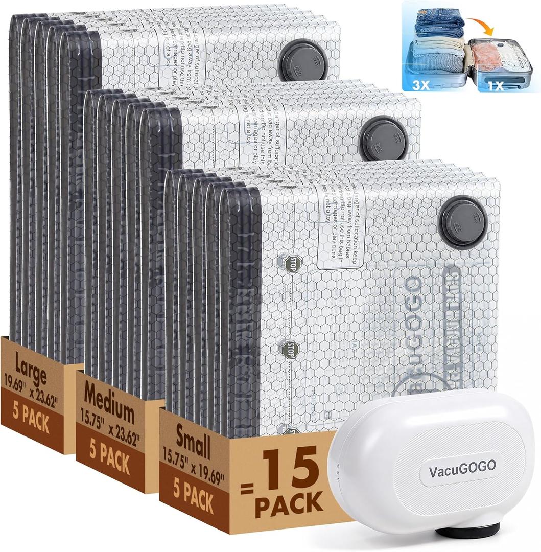 Travel Vacuum Storage Bags with Pump, Carry-on Luggage Compression Bags + Portable Electric Pump, 80% Space Saver for Clothes, Vacuum Seal Bags for Clothing Packing Travel, Pack of 15