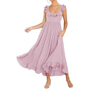 R.Vivimos Summer Dress for Women Sleeveless Boho Ruffle Square Neck Tie Back Casual Backless Flowy Midi Dress Size XL