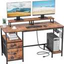 Furologee Computer Desk with Drawer and Power Outlets, 47" Office Desk with 2 Monitor Stands and Fabric File Cabinet, Writing Gaming Table with Shelves and 2 Hooks for Home Office, Rustic Brown