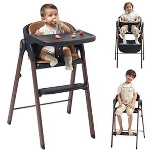 KUB High Chair for Babies and Toddlers Adjustable Foldable Convertible 5 Point Harness Easy Clean Wood-Printed Metal with Removable Tray Baby Highchair for Family (Black & Walnut Wood-Printed Metal)